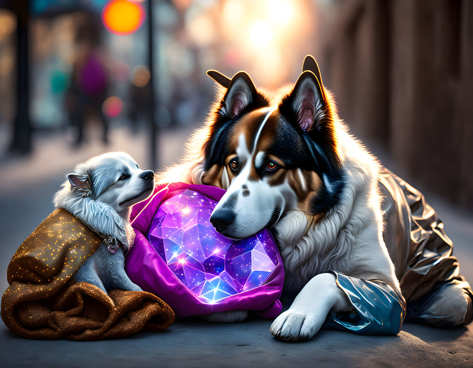 Two dogs in clothes with glowing crystal on blurred city background