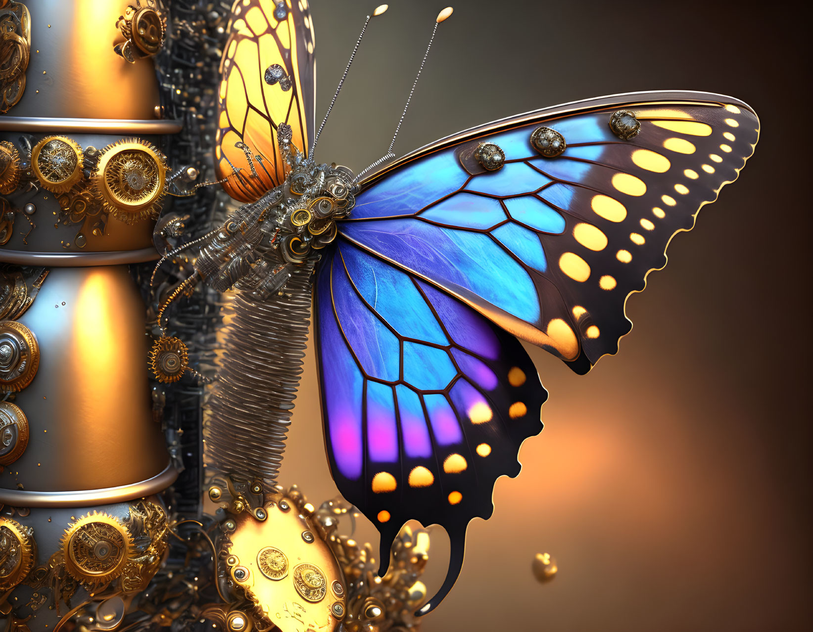 Steampunk-themed mechanical butterfly on detailed metal pillar