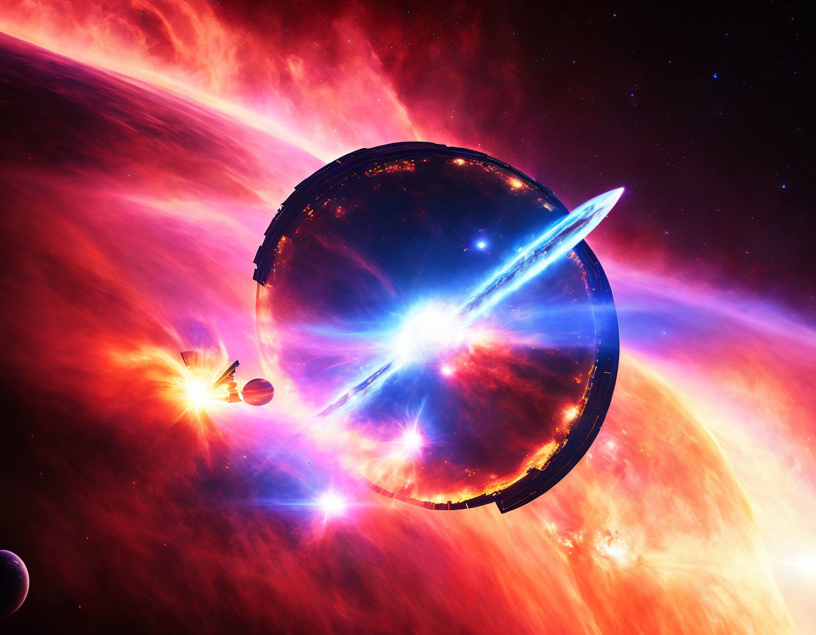 Large spaceship exiting portal near sun in vibrant sci-fi scene