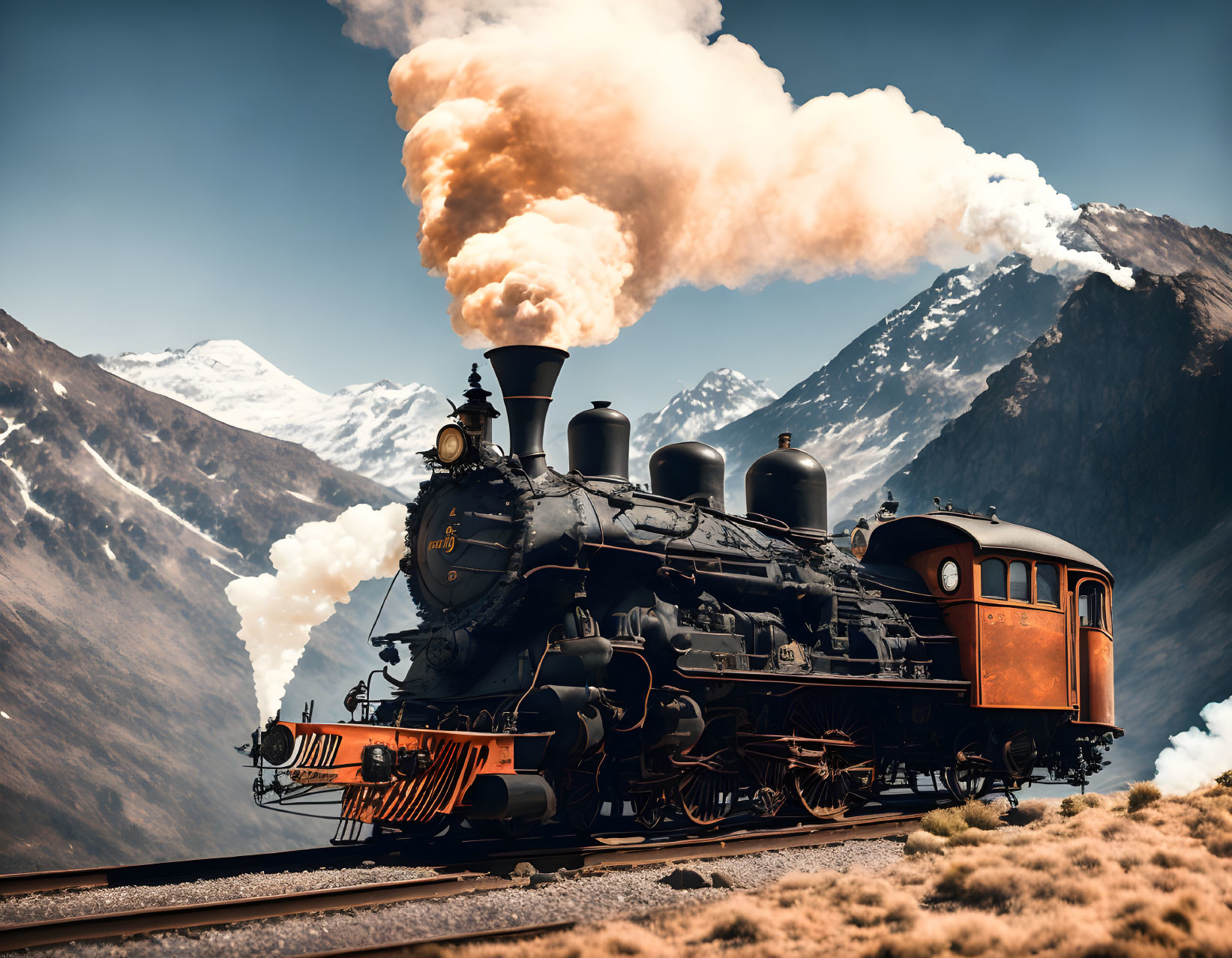 Vintage Black Steam Locomotive Amidst Mountain Landscape and Clear Sky