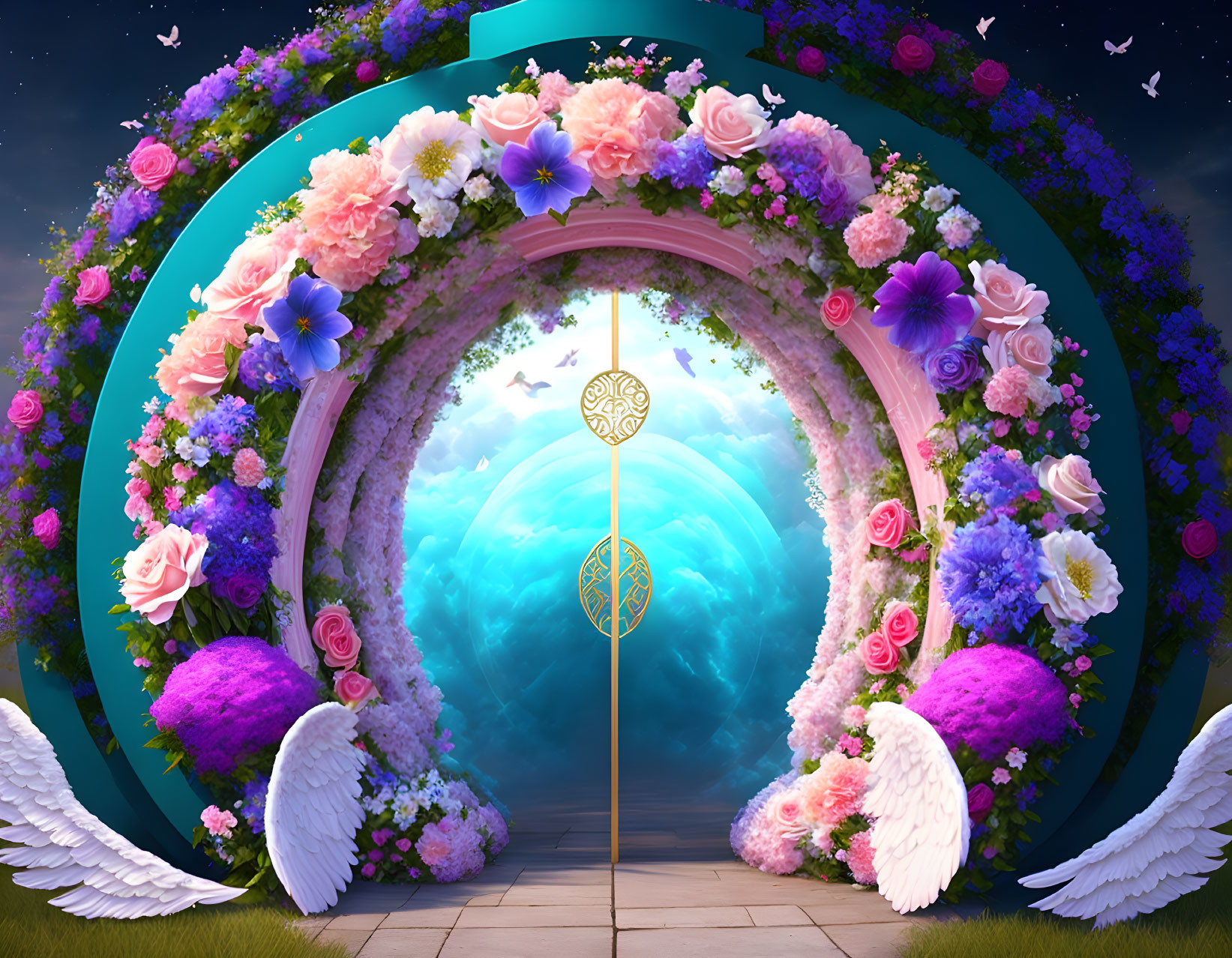 Floral Arch with Angel Wings and Blue Planet in Starry Sky