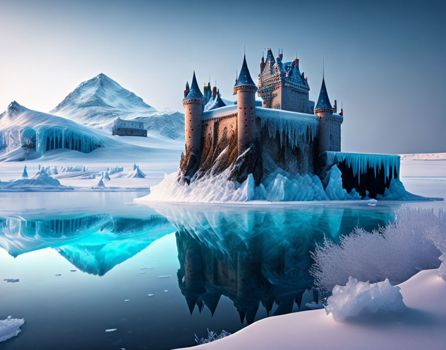 Fantastical castle on iceberg in serene icy landscape