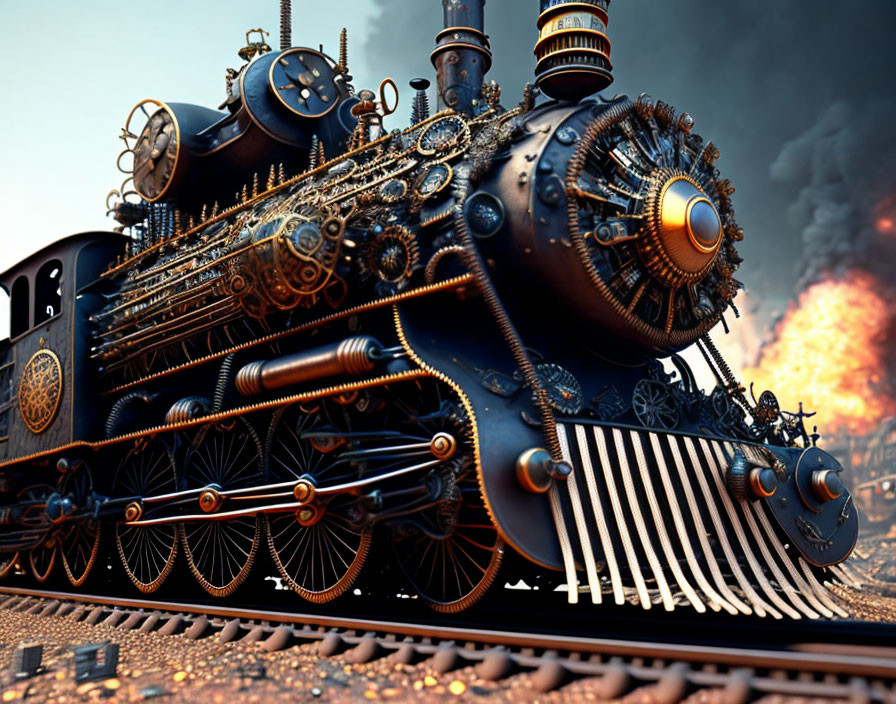 Intricate steampunk-style train with metallic detailing and gears emitting smoke on tracks