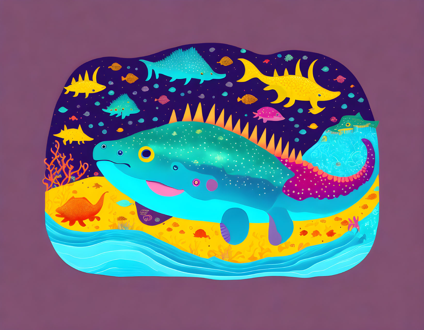 Vibrant underwater illustration with smiling creature, stylized fish, coral, and starry backdrop