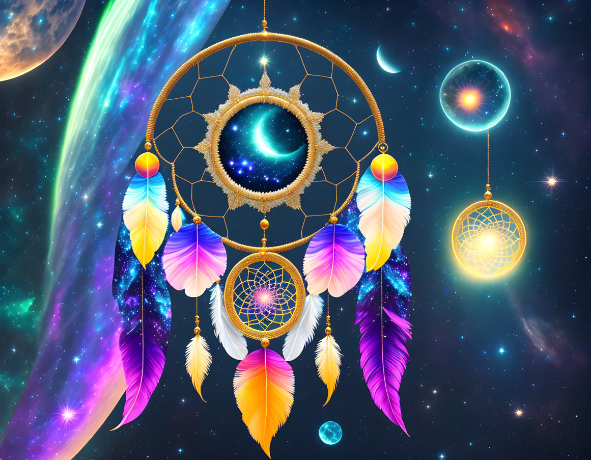 Celestial dream catcher art against starry space background