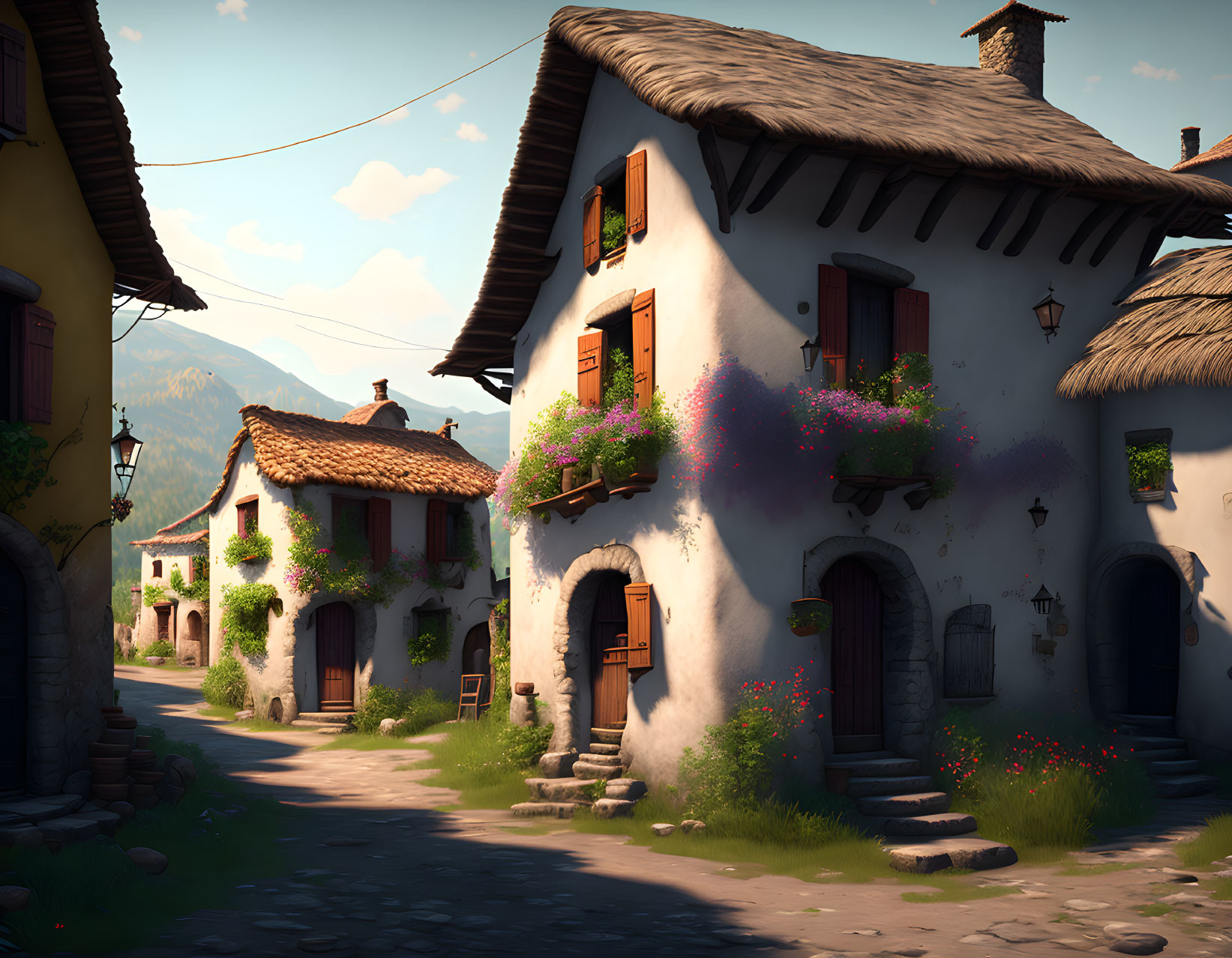 European Village Street: White Houses, Cobblestones & Mountains