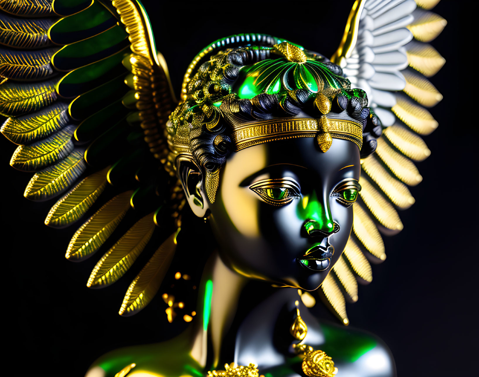 Figure with Ebony Skin and Golden Jewelry in Mystical Aura