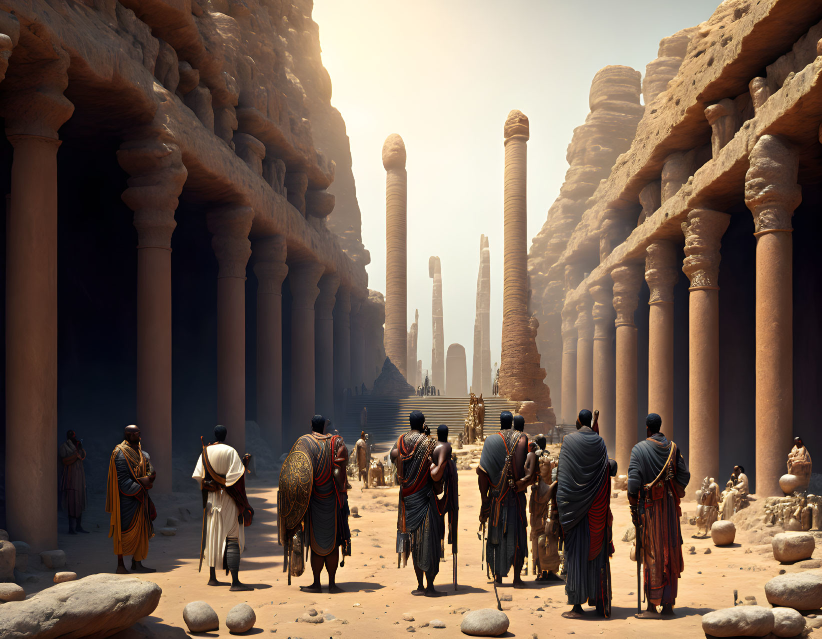 Group in historical attire at ancient ruins under hazy sky