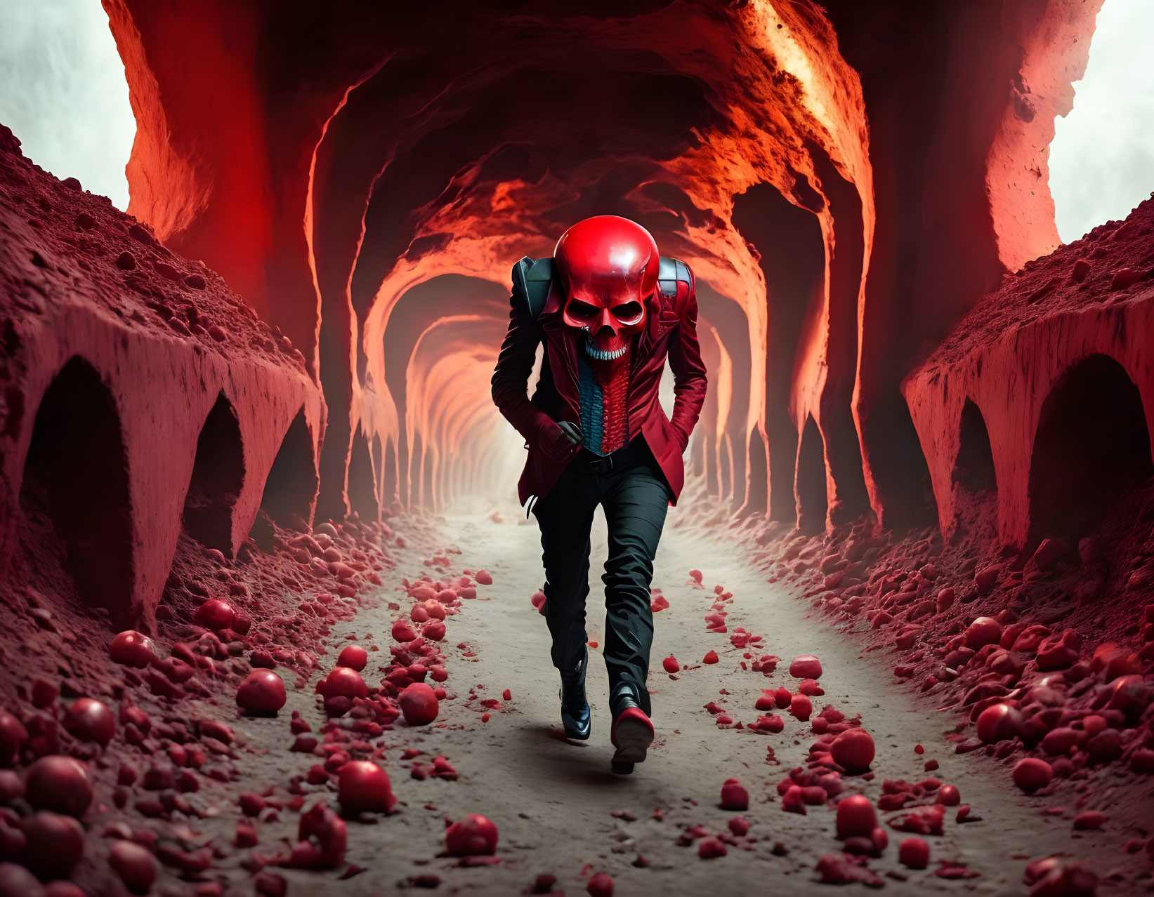 Person in red suit running in surreal, skull-filled tunnel