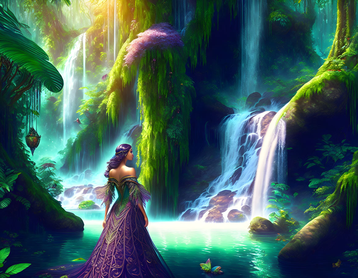 Woman in elegant dress in enchanted forest with lush greenery