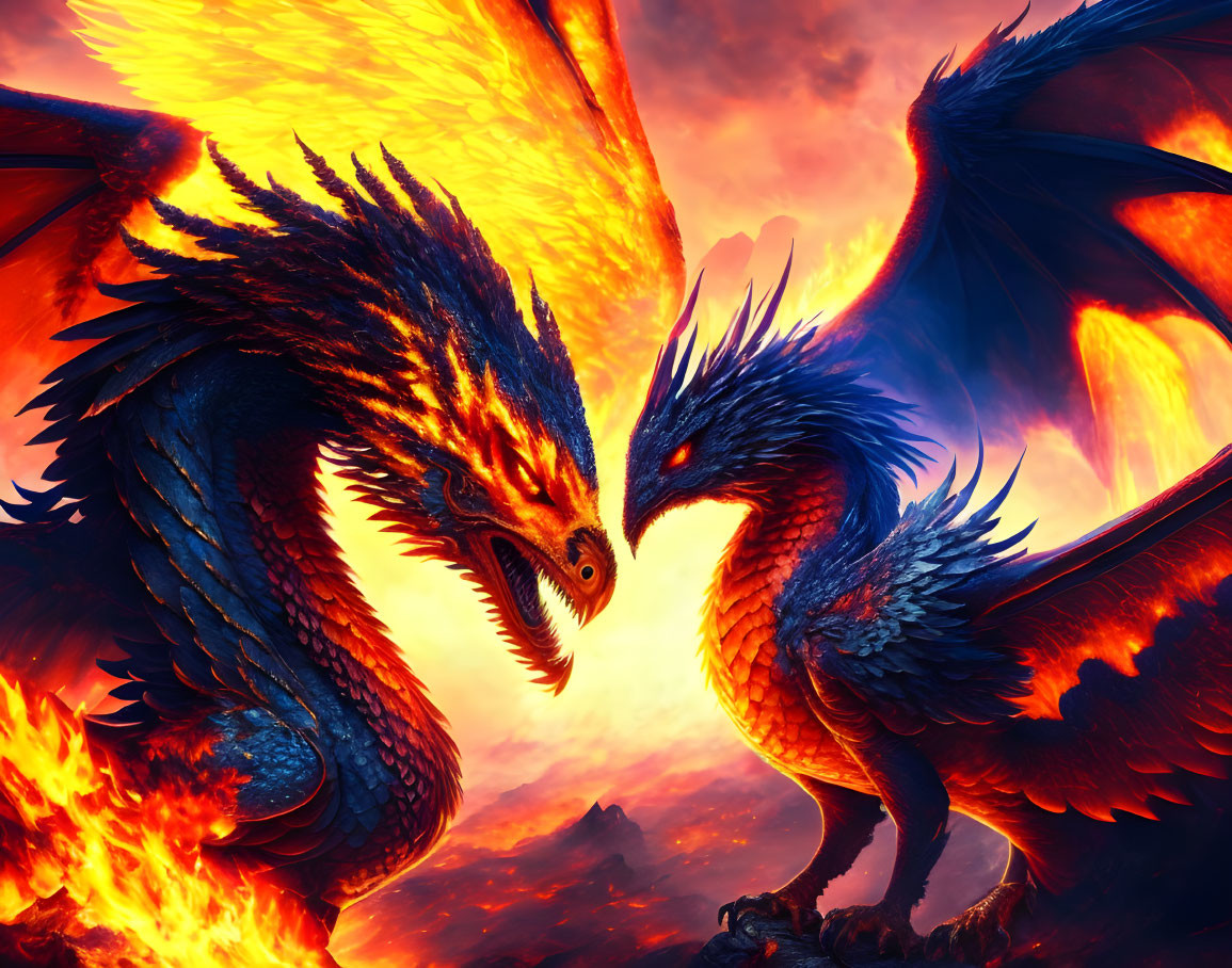 Majestic dragons with fiery plumage in blazing flames and molten lava