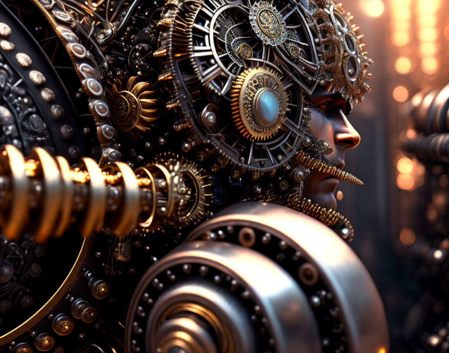 Detailed Steampunk Robotic Head with Metallic Finish