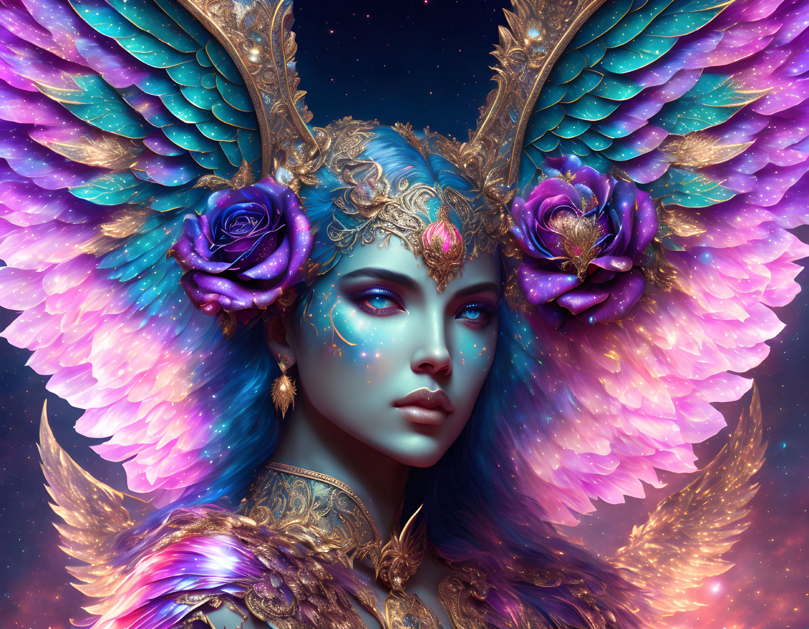 Fantasy portrait of woman with blue skin, golden headgear, and multicolored wings