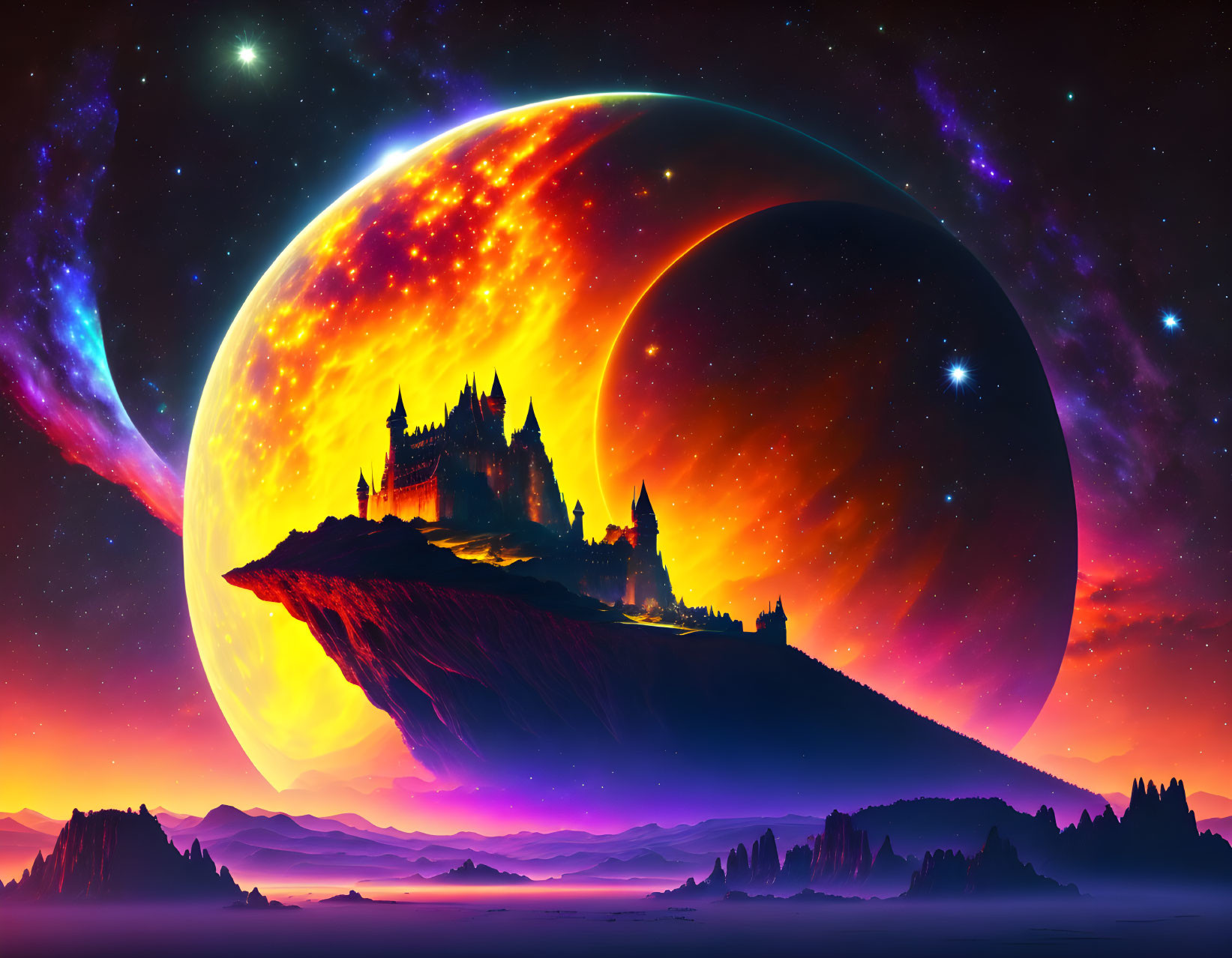 Fantasy landscape with floating castle, giant planet, and colorful nebula sky