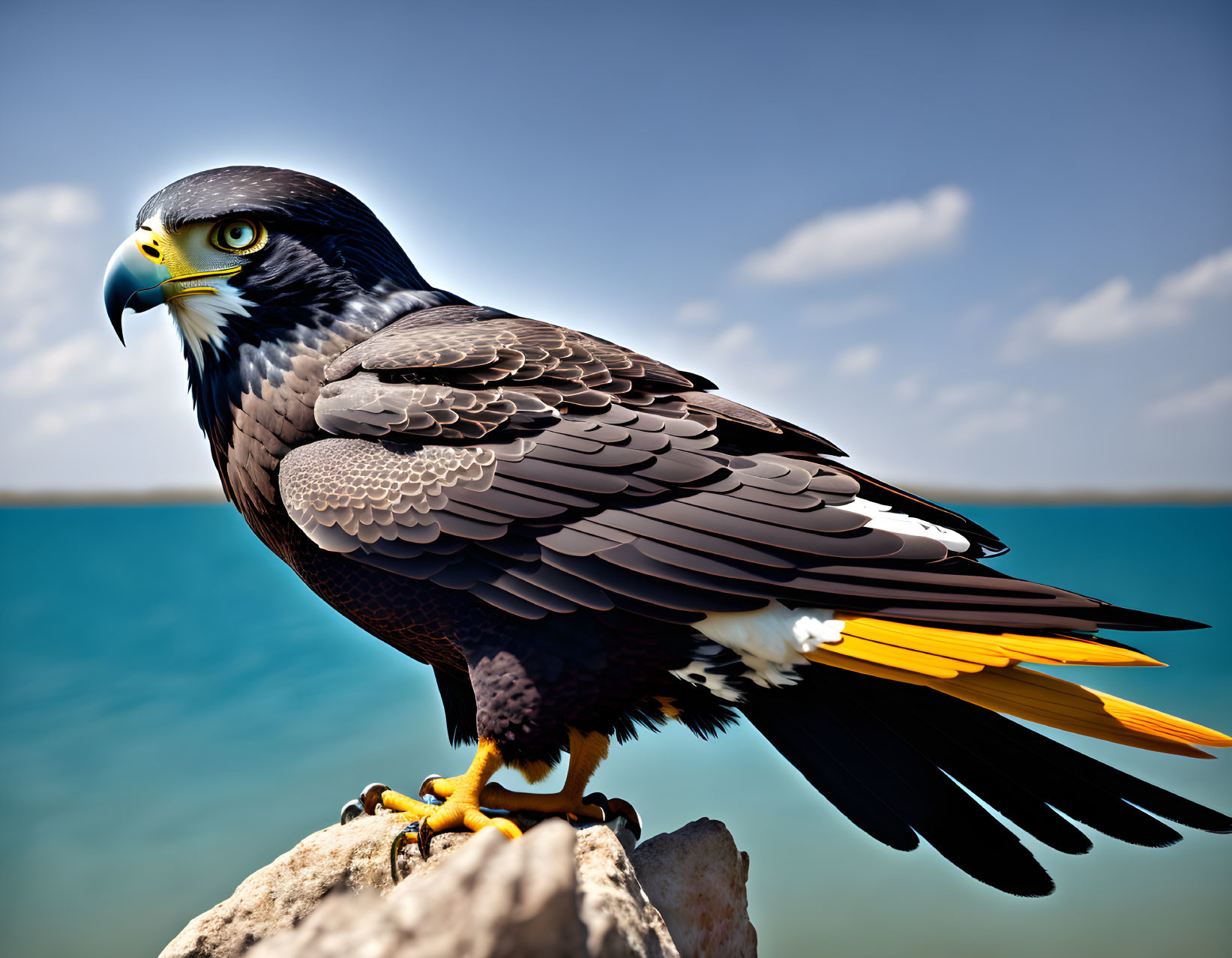 Majestic eagle perched on rock with sharp gaze and impressive plumage against blue sky and water