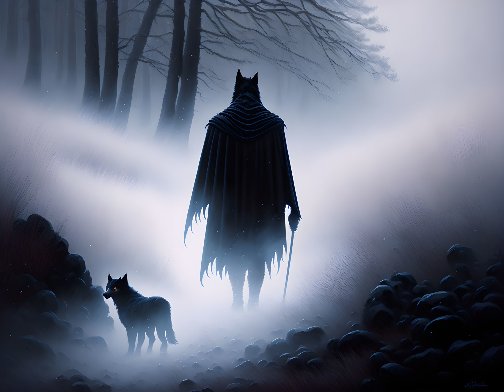 Mystical ghostly figure in bat wing cloak with wolf in moonlit forest