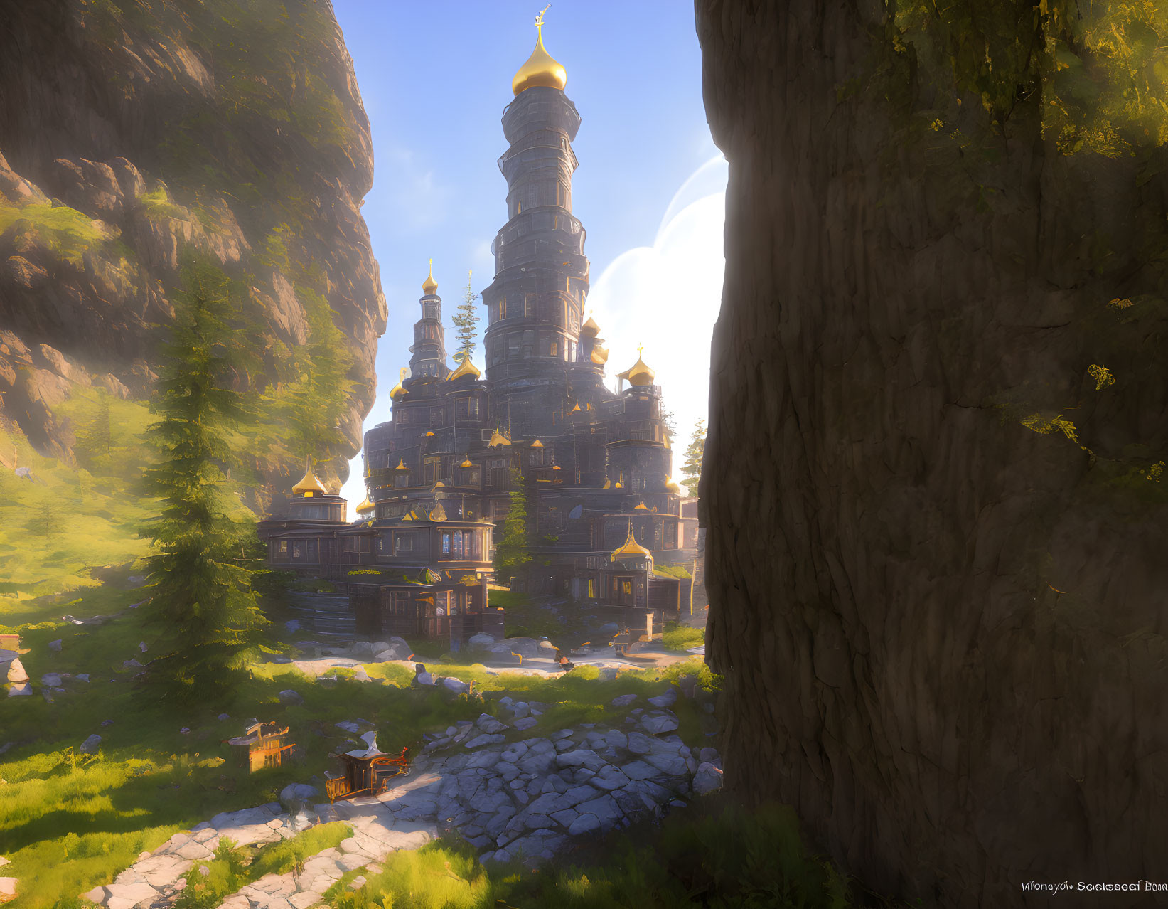 Fantasy castle with spires in sunlit forest clearing