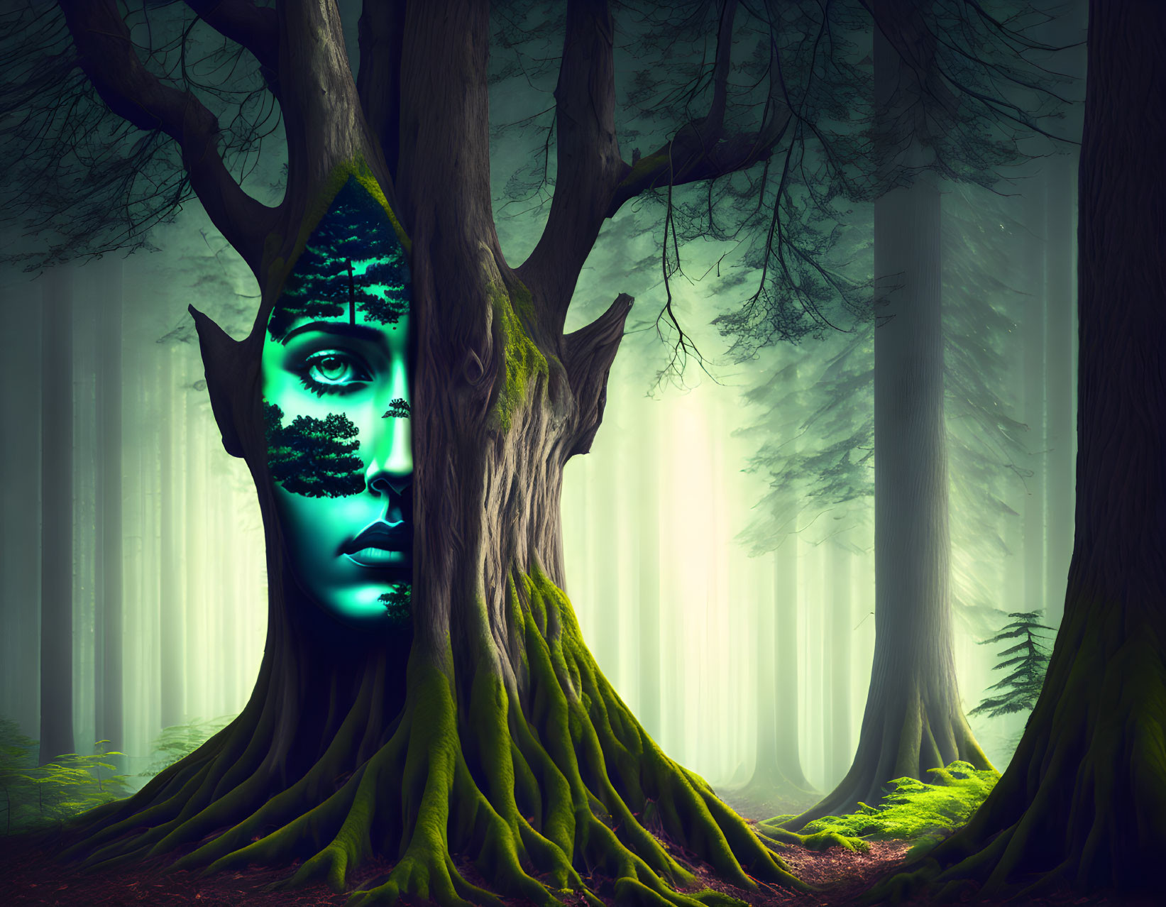 Woman's face merges with tree in misty forest scene