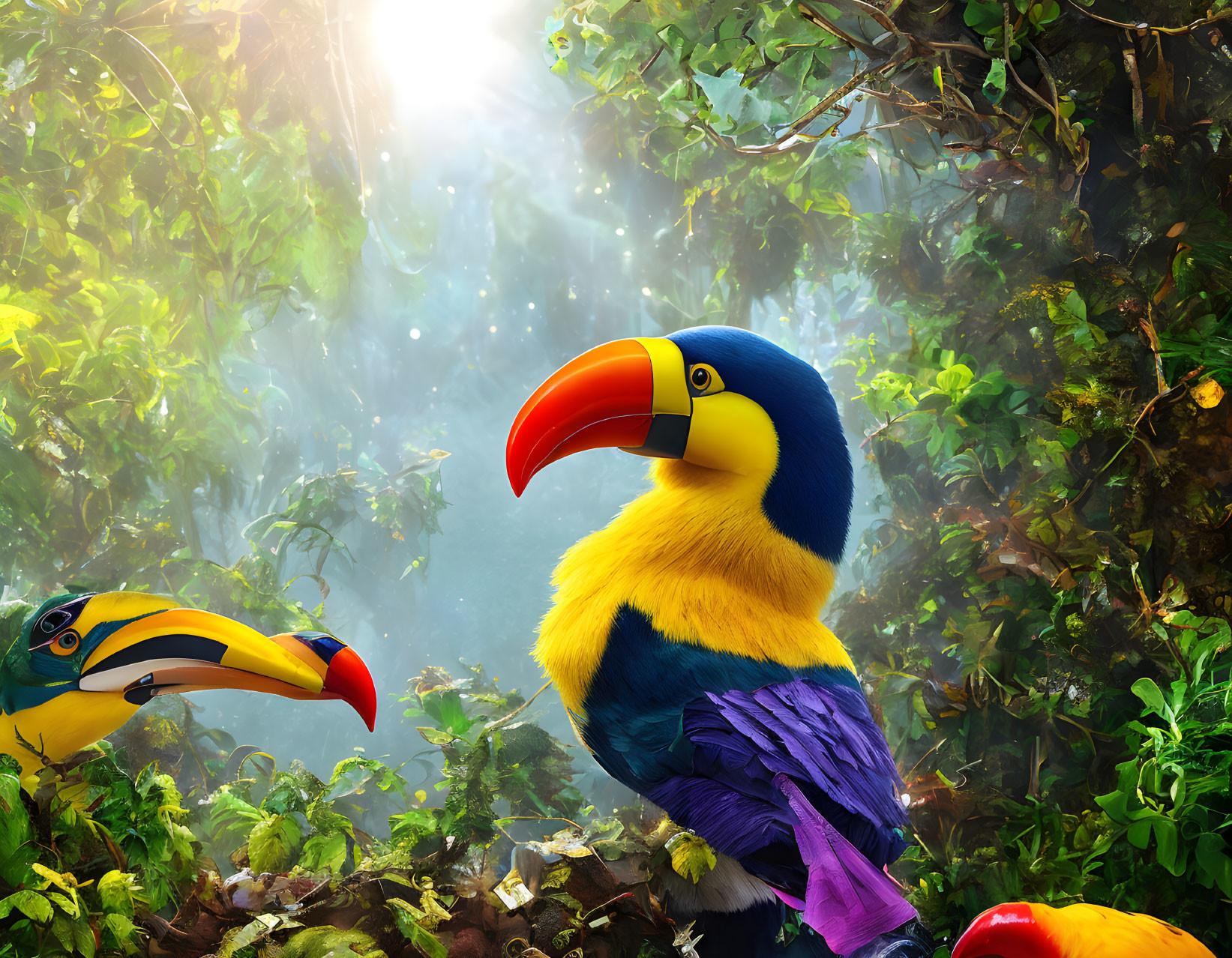 Vibrant toucans in lush greenery with sunbeams.