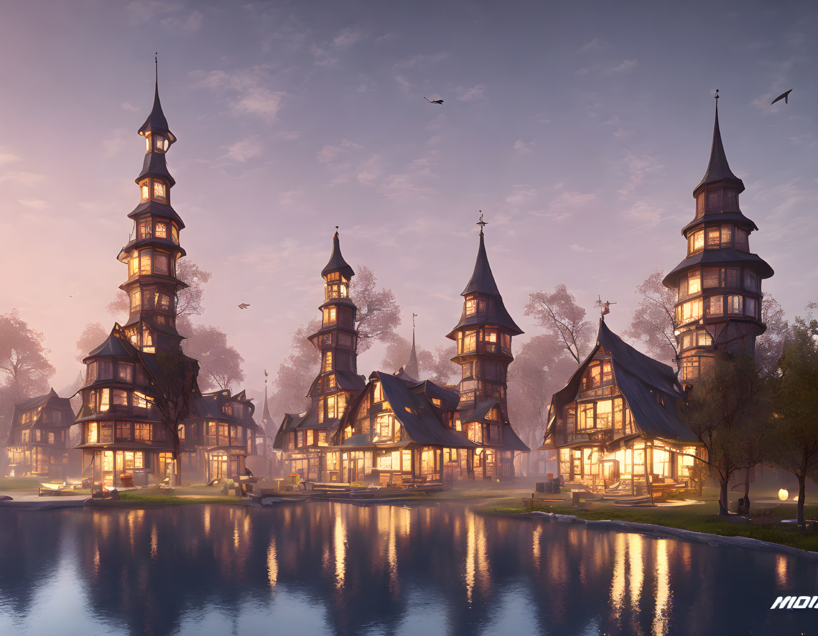 Towering spire-topped houses in a tranquil lakeside village at dusk