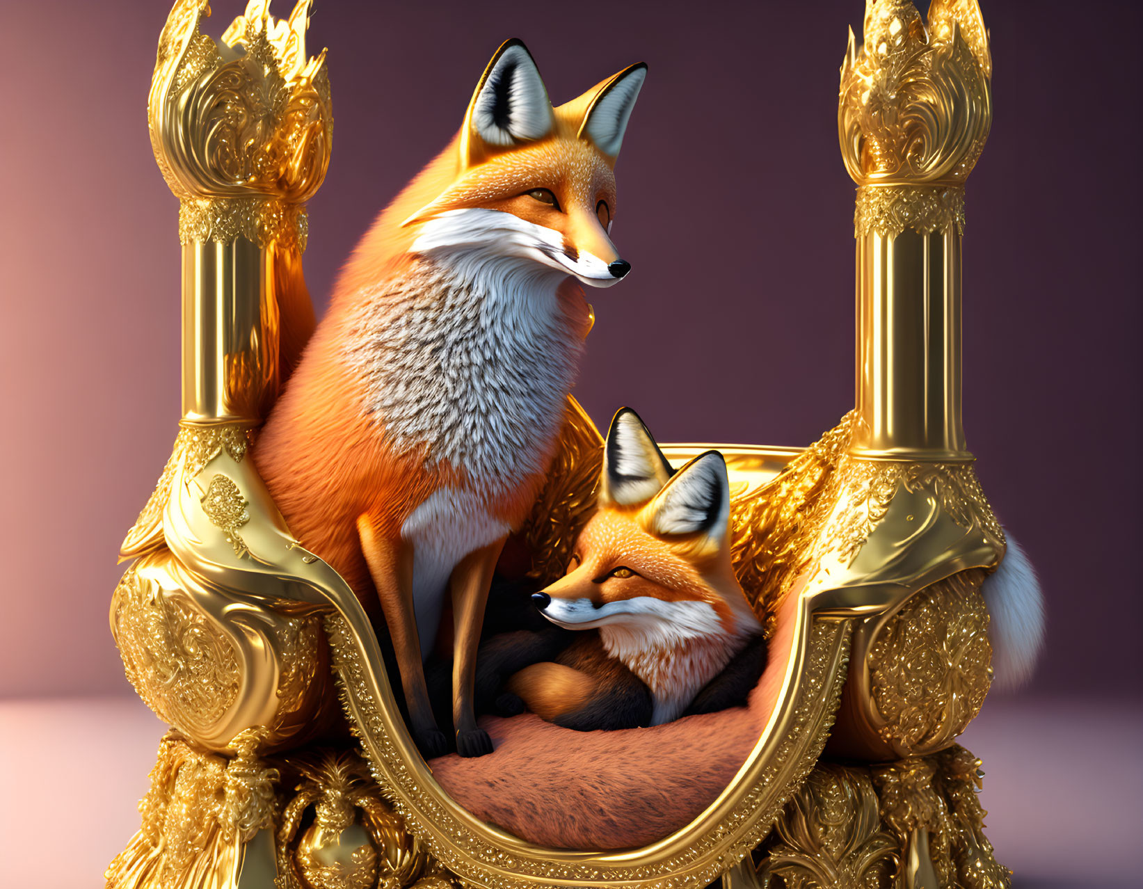 Realistic fur foxes on ornate throne with purple backdrop