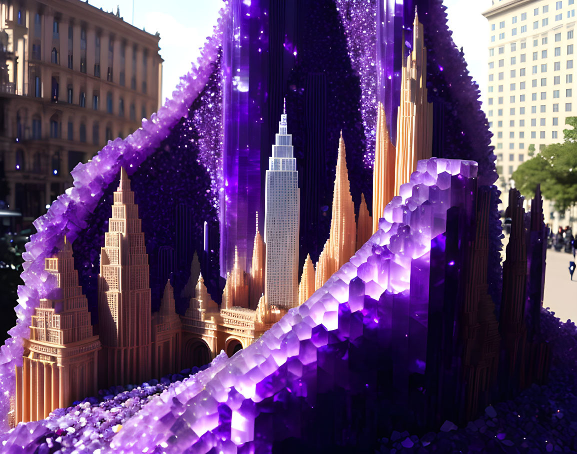 City skyline merges with purple crystals in digital art.