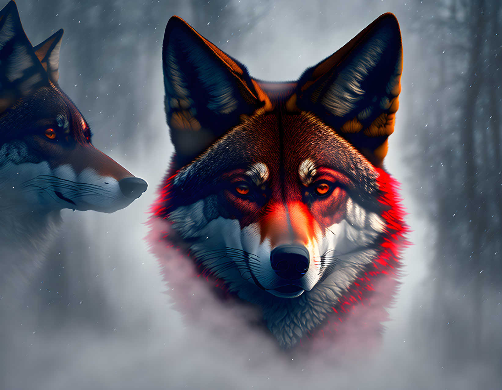 Vividly marked wolf duo in snowy scene