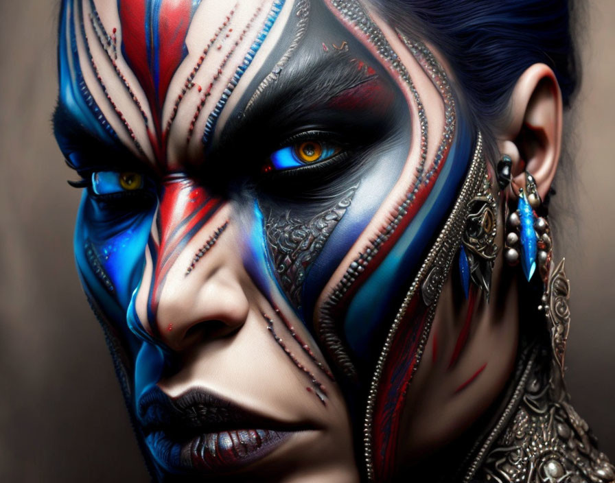 Intense tribal-inspired face paint in red, blue, and black hues with white accents.