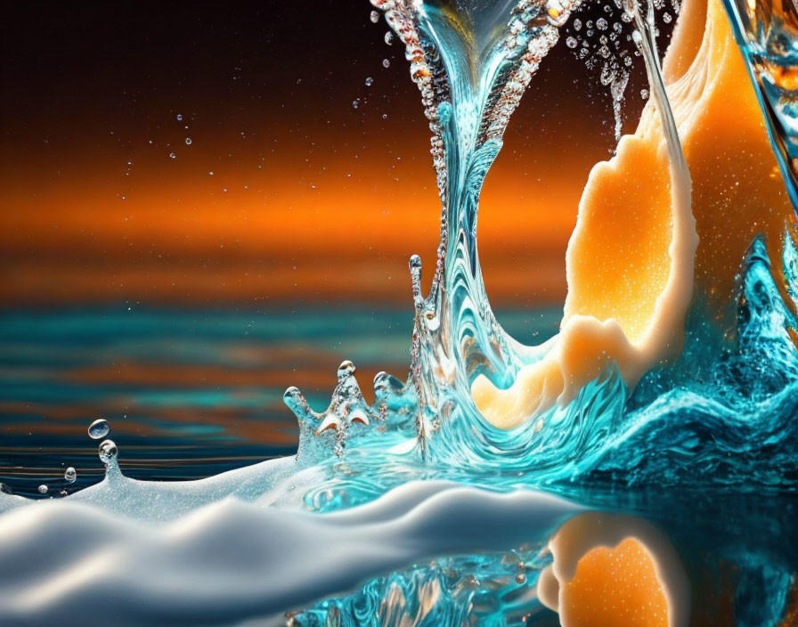 Dynamic Splash in Clear Blue Water on Orange Gradient Backdrop