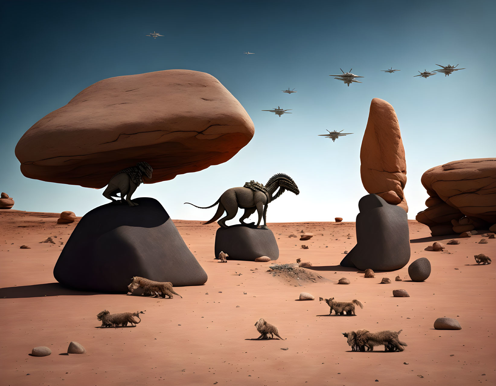 Surreal desert landscape: floating rocks, dragon, lions, futuristic aircraft