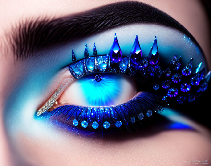 Detailed Close-Up of Eye with Blue Artistic Makeup and Jeweled Eyeliner