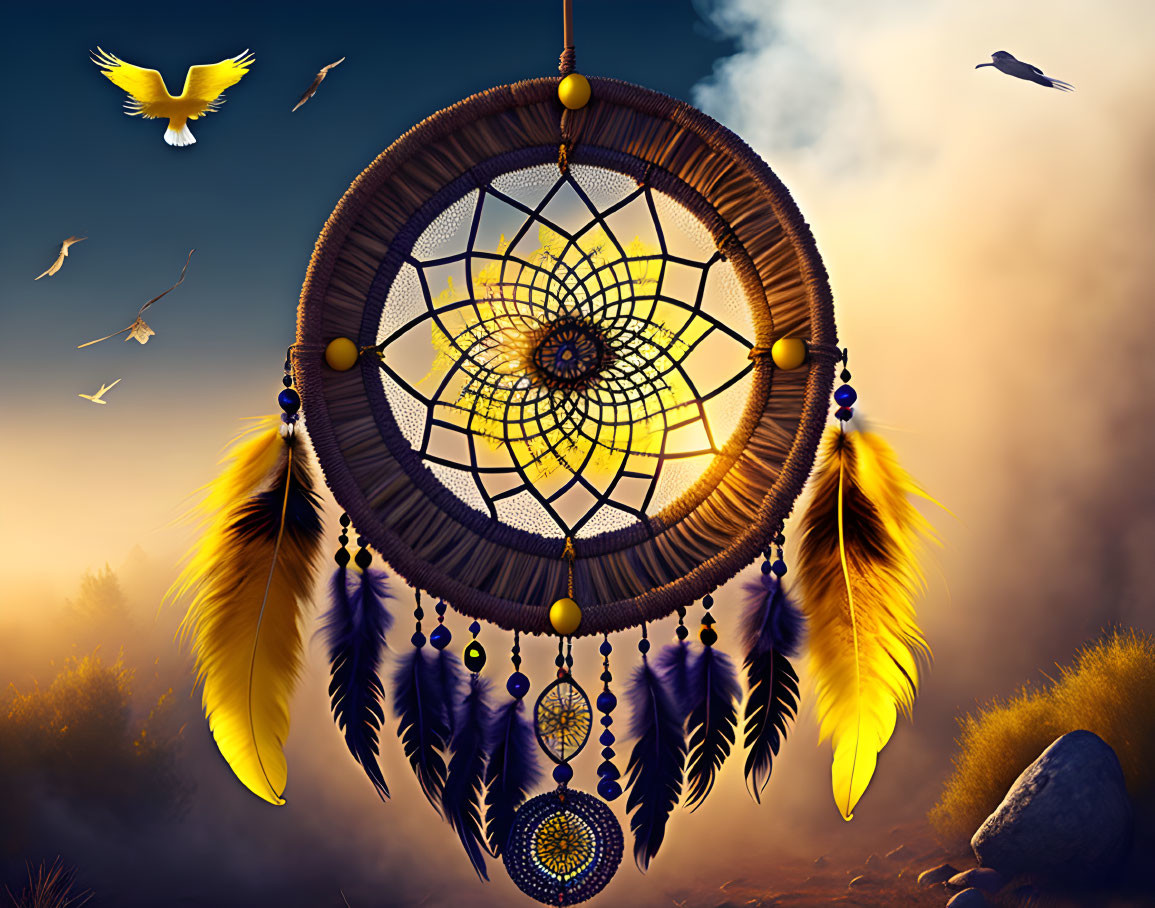 Yellow and Purple Feather Dreamcatcher in Mystical Sky with Birds