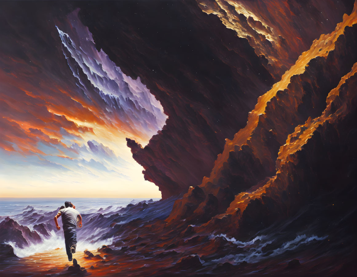 Person standing on rocky shore observing fiery sky and turbulent sea waves