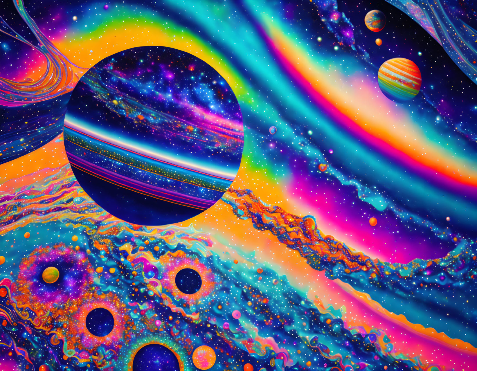 Abstract cosmic scene with swirling galaxies and planets in digital art.