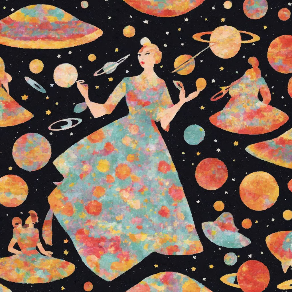 Colorful Space-Themed Illustration of Woman with Planets and Stars