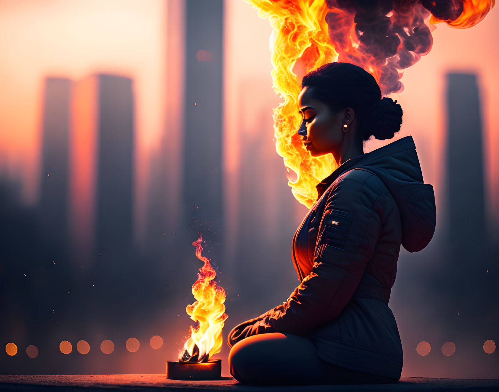 Woman meditates with swirling fire against city skyline at sunset