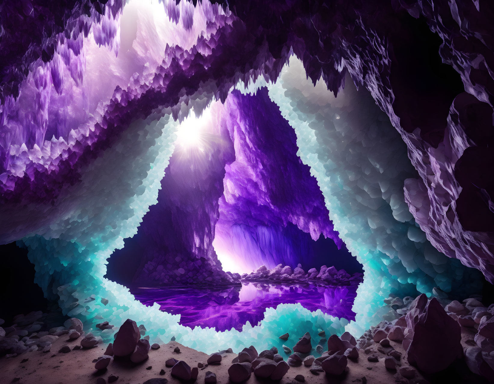 Mystical cave with purple and blue crystalline formations above serene water