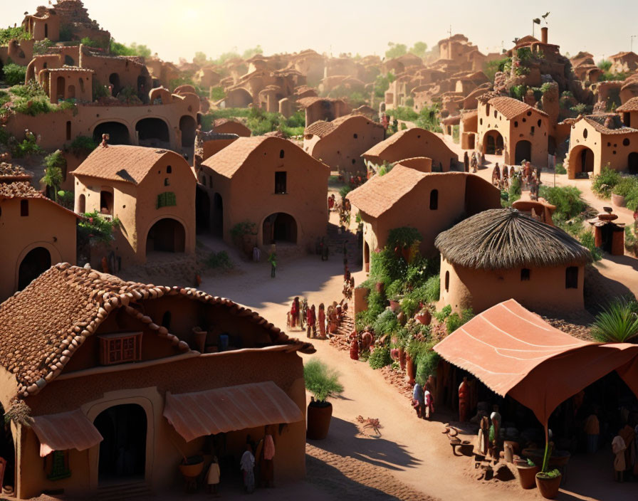 Traditional village with earthen buildings and thatched roofs under warm sunlight.