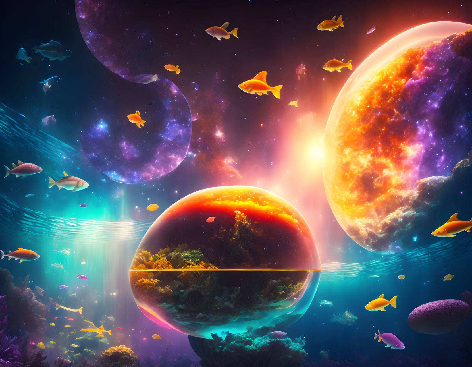 Colorful fish swim among vibrant planets and stars in cosmic scene