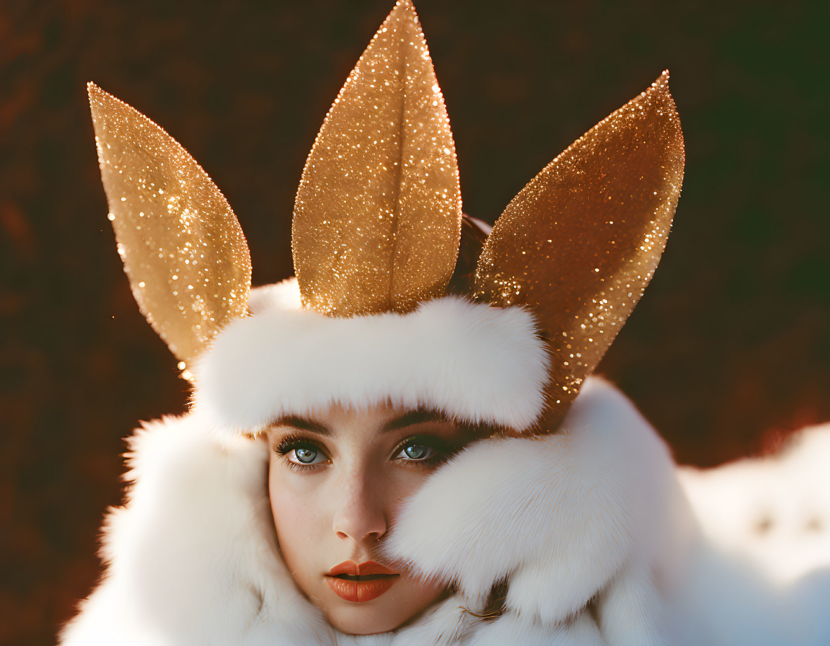 White fur coat and golden rabbit ears portrait with blue eyes and red lips