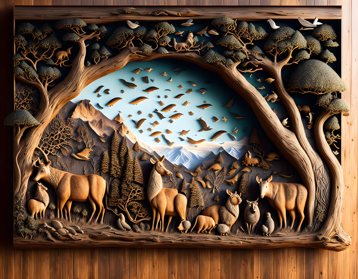 Wooden carving of serene forest with deer, trees, mountains, and birds