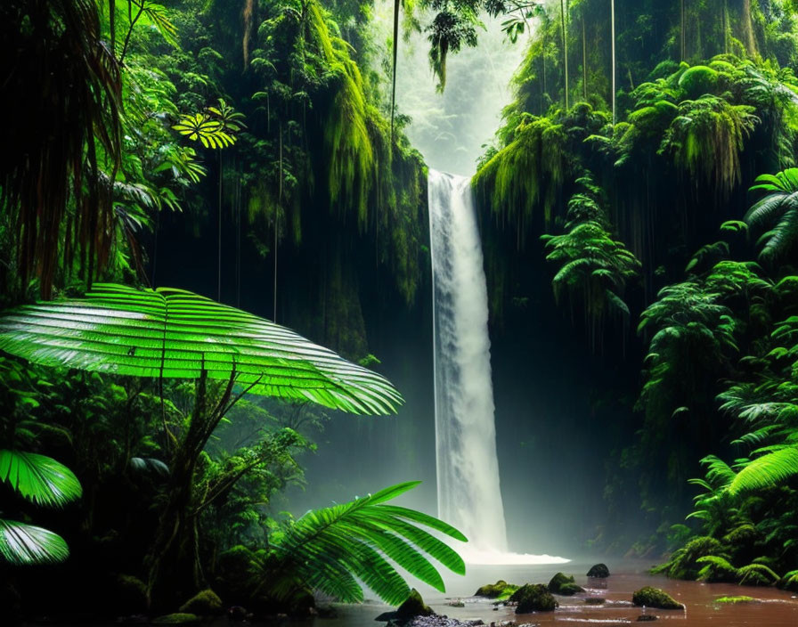 Tranquil waterfall in lush rainforest with mist and green foliage