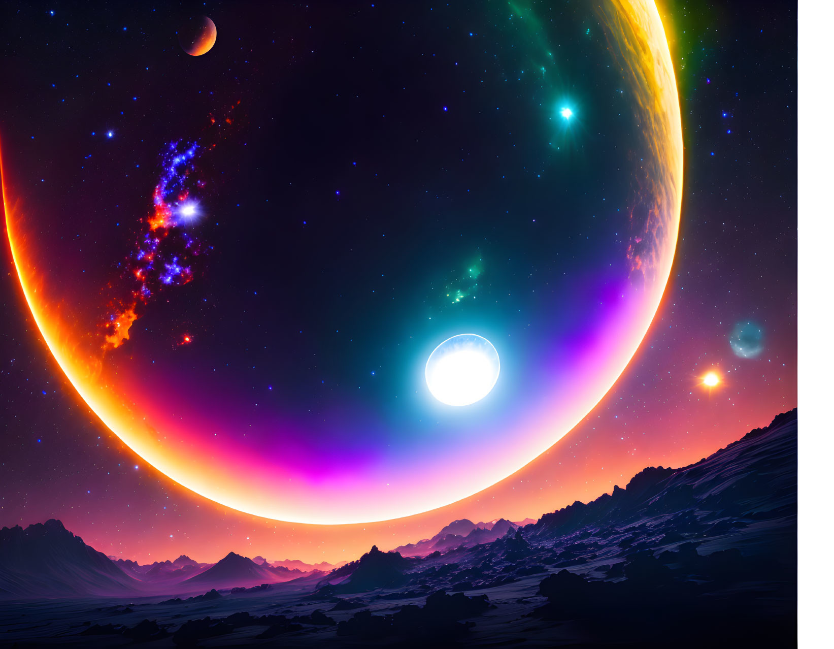 Colorful Sci-Fi Landscape with Celestial Sky and Mountains