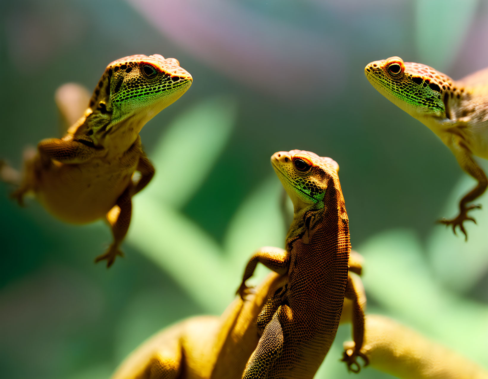 Three lizards on branch against green to pink background