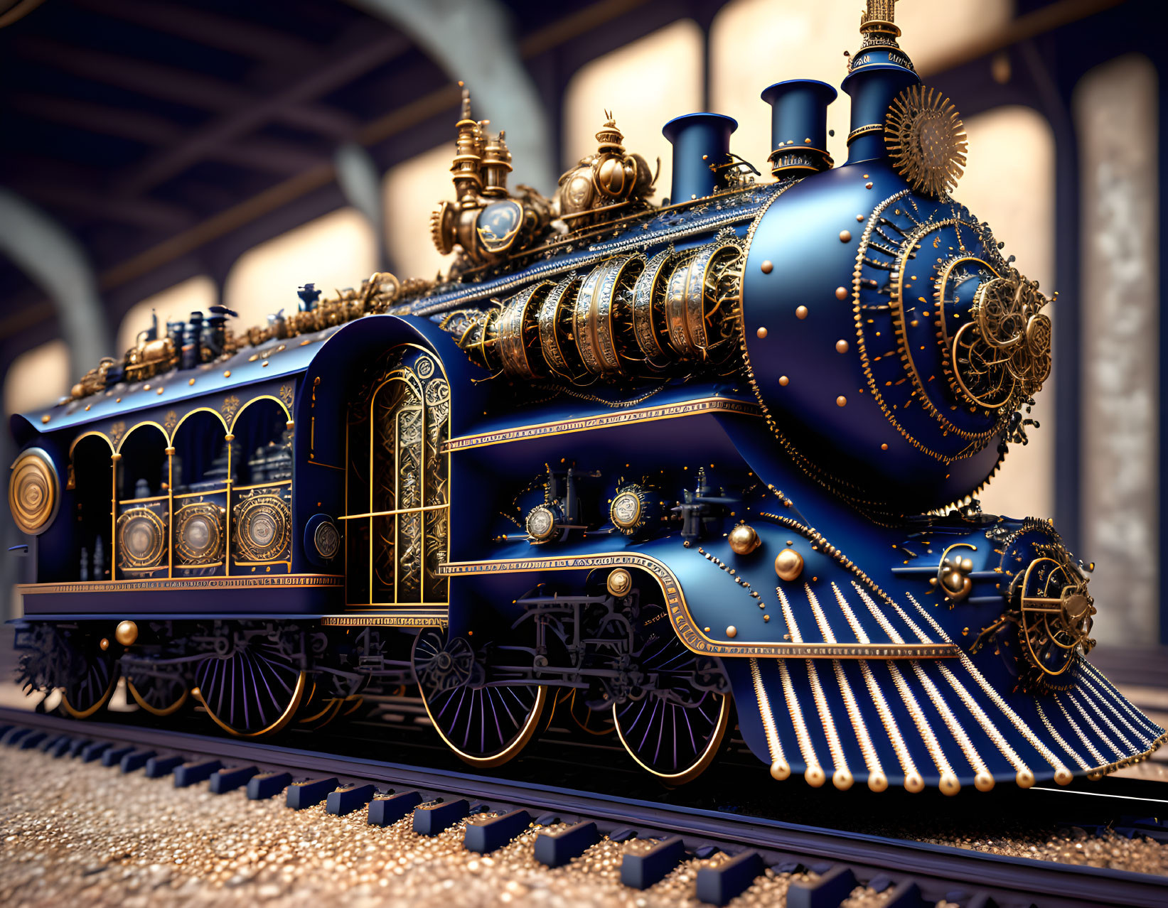 Blue and Gold Ornate Steam Locomotive in Vintage Station