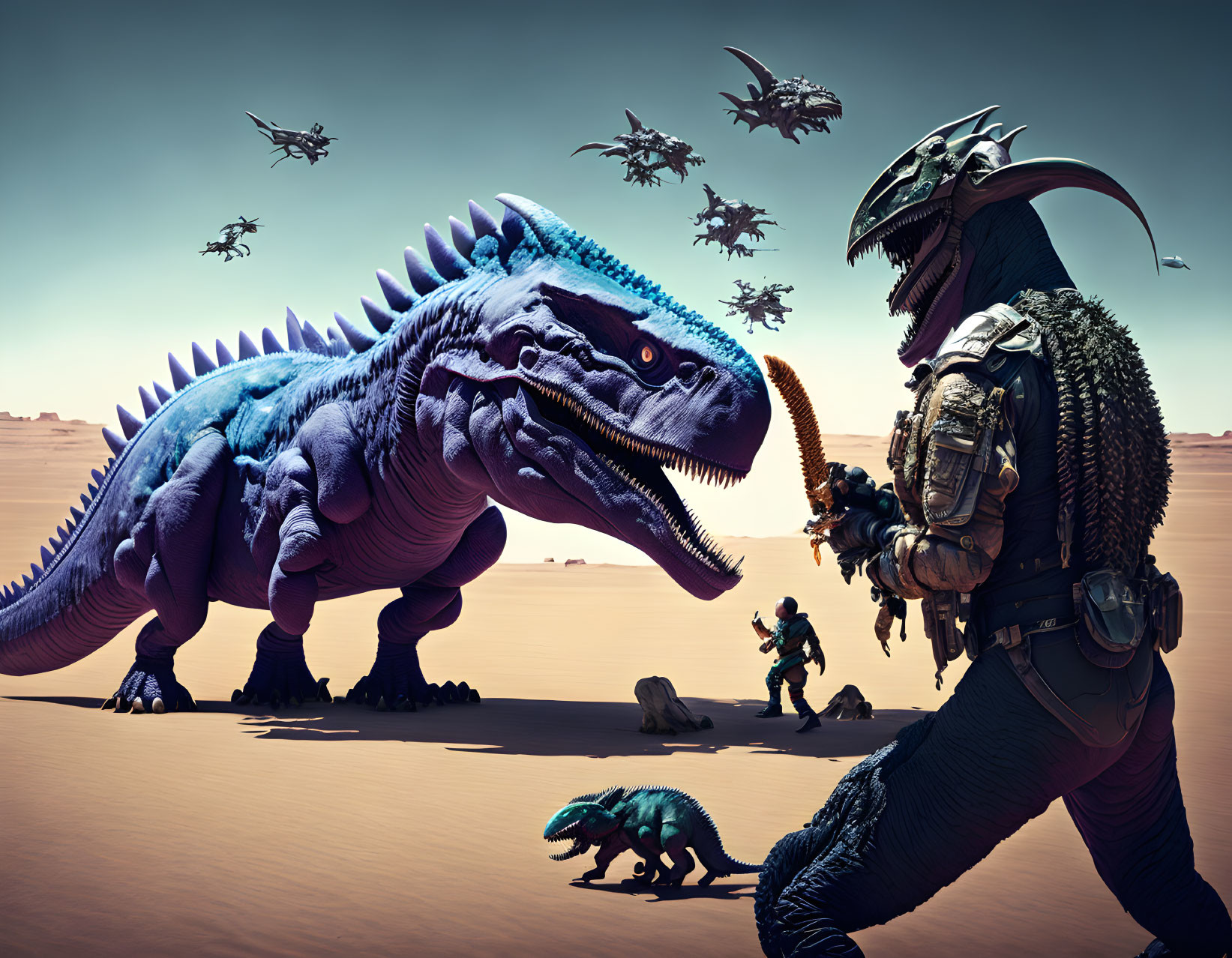 Armored individuals, dragons, and helicopters in futuristic desert scene