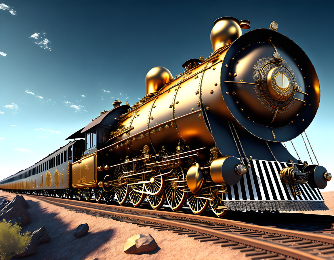 Detailed digital art: Golden steam locomotive on desert railway track