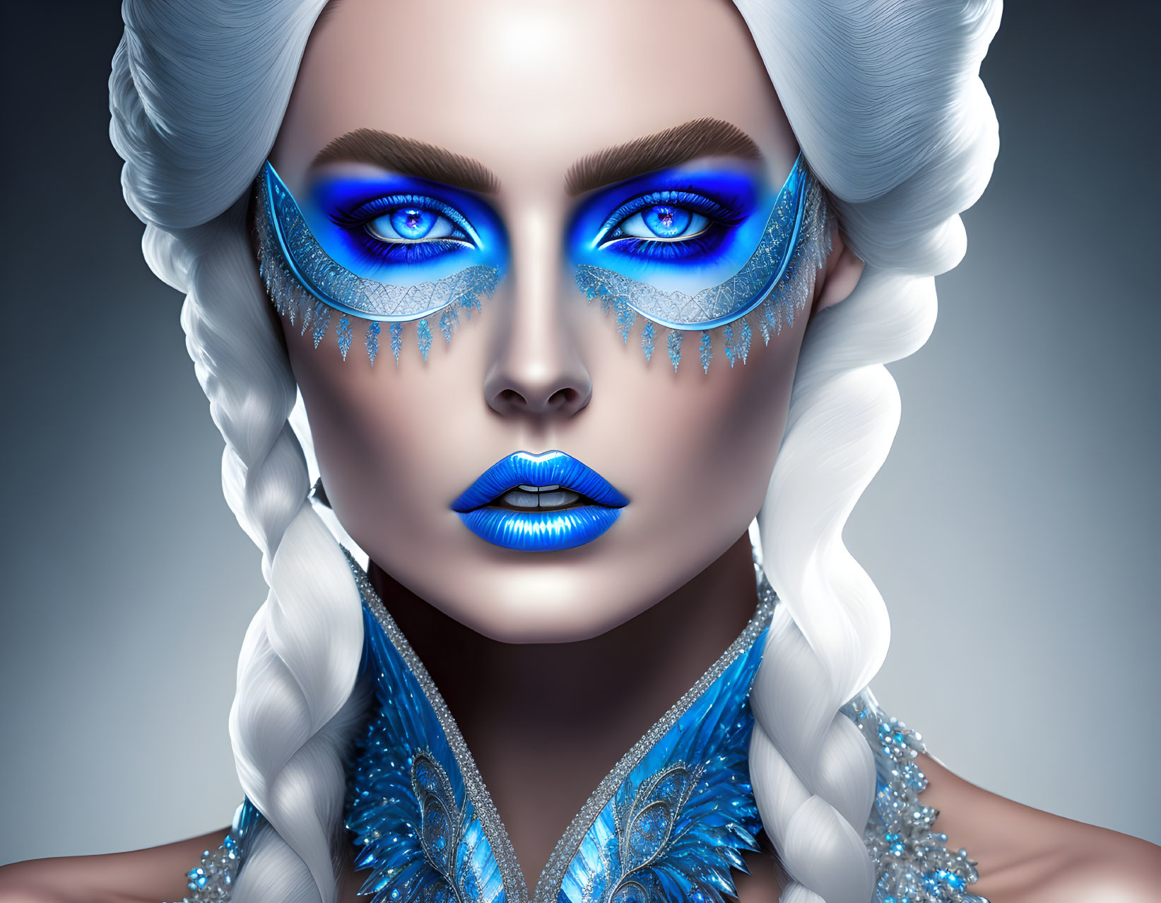 Portrait of Woman with Elaborate Blue Makeup and Ice Queen Theme