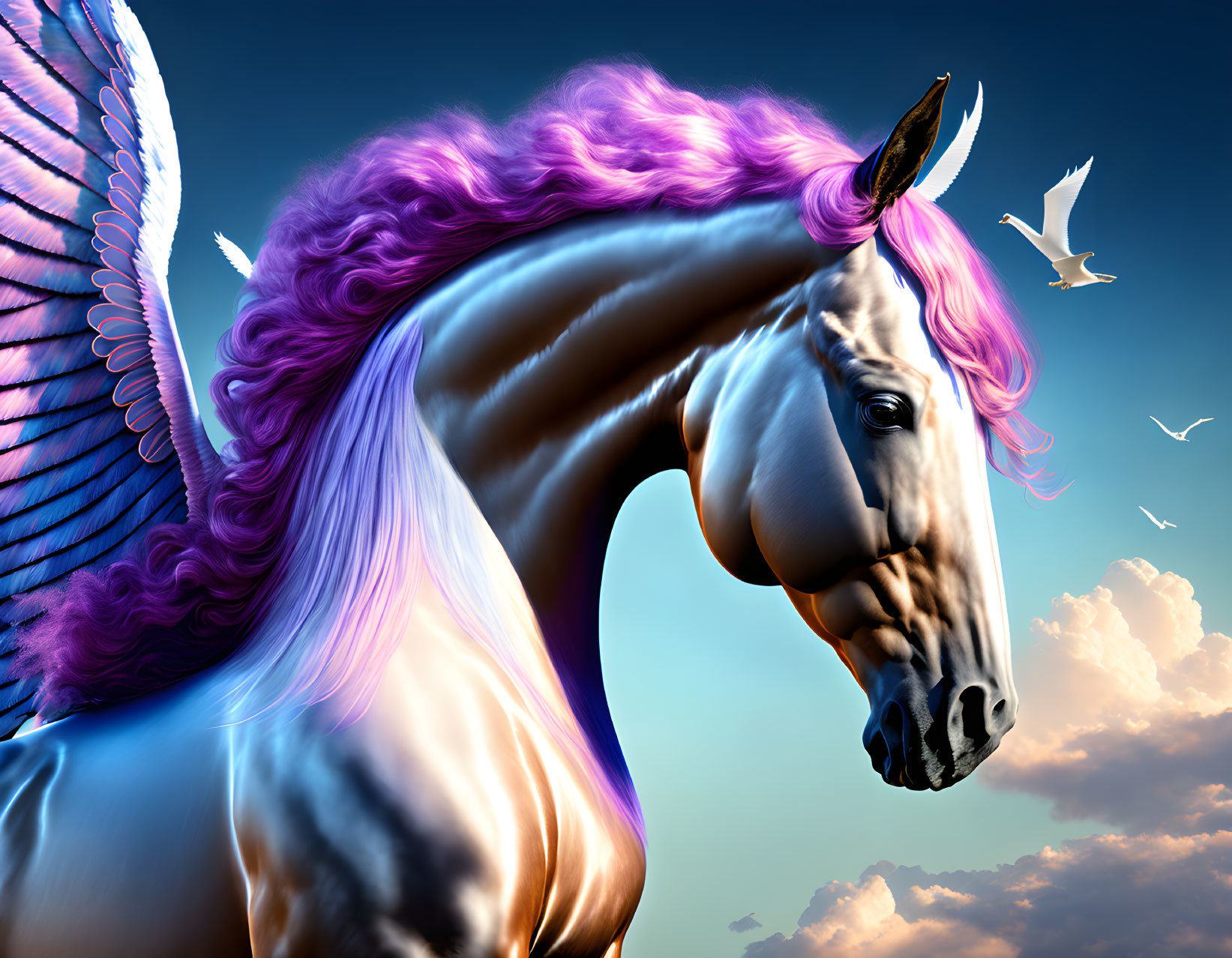 Majestic horse with purple mane and wings in digital art