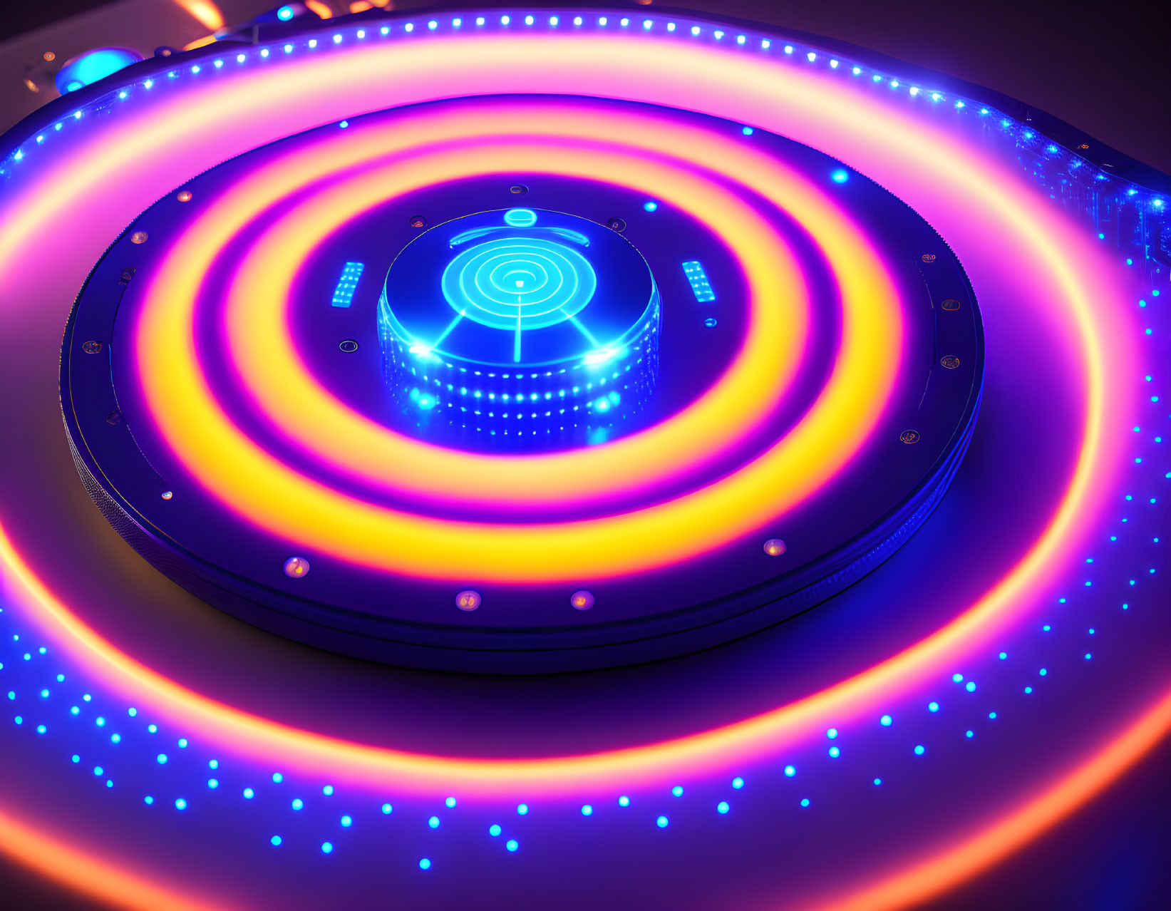 Futuristic neon-lit podium with glowing circles and blue lights